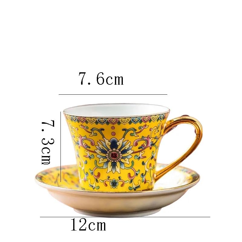 Vintage Floral Tea Cup and Saucer Set, Yellow with Gold Handle, 4-Piece Set C71486