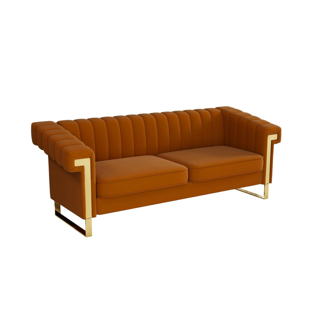 Orange Velvet Channel Tufted Sofa with Gold Metal Legs Z267