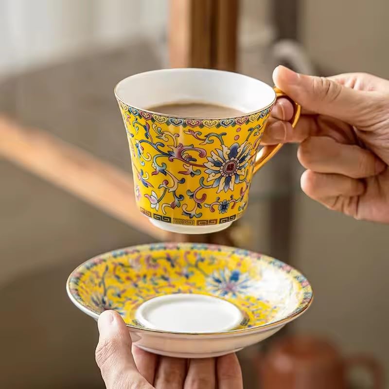 Vintage Floral Tea Cup and Saucer Set, Yellow with Gold Handle, 4-Piece Set C71486