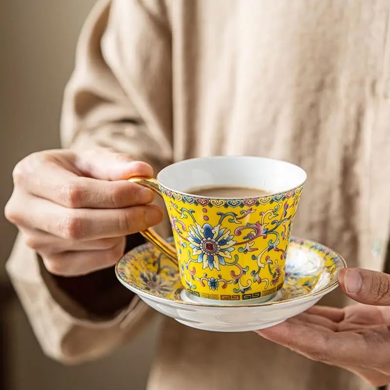 Vintage Floral Tea Cup and Saucer Set, Yellow with Gold Handle, 4-Piece Set C71486