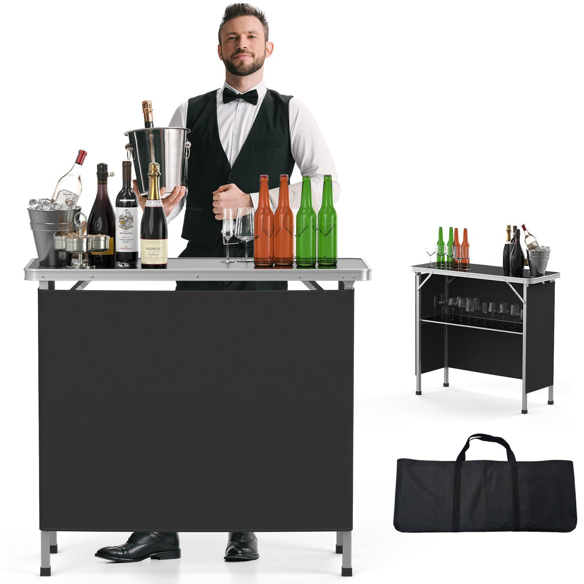 Portable 2-Tier Mobile Bar Table with Black Skirt I558