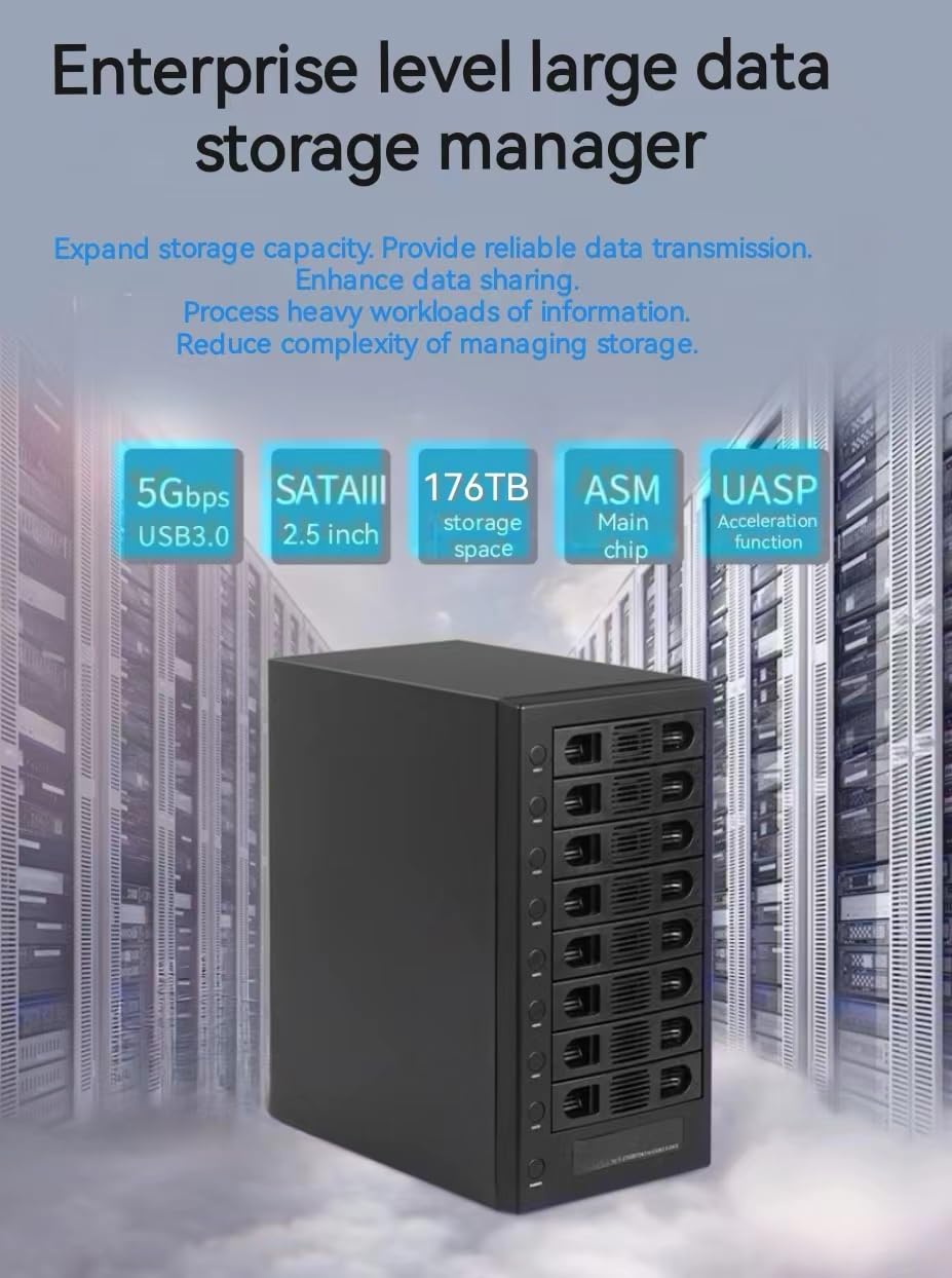 8 Bay Tool Less Hot Swap 2.5" 3.5" SATA USB 3.0 Enclosure F9649