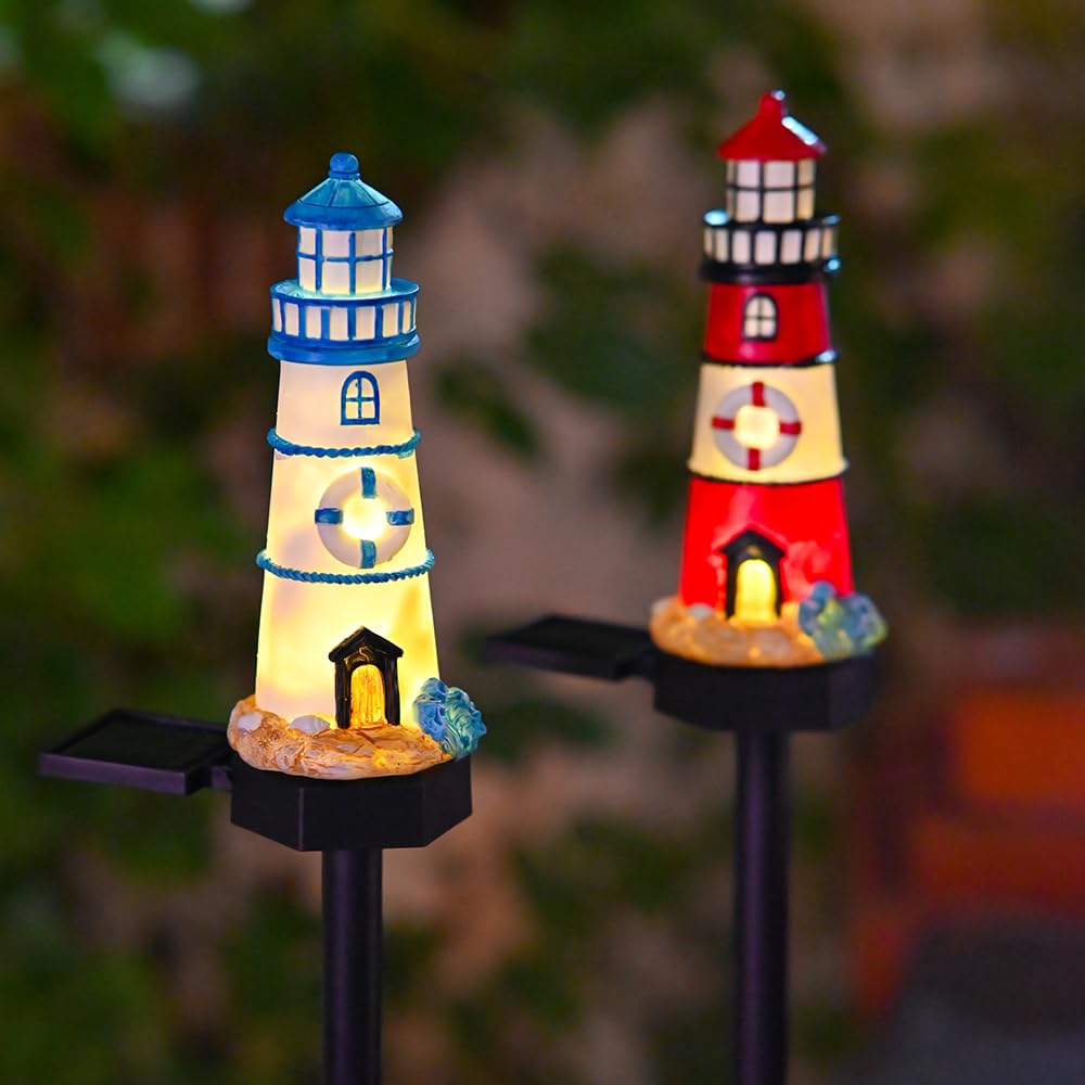 2 Packs Solar Powered Red and Blue Lighthouse Floor Lamps X53306