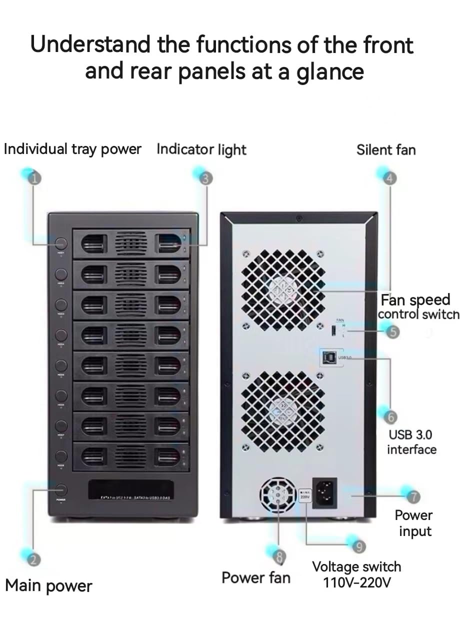 8 Bay Tool Less Hot Swap 2.5" 3.5" SATA USB 3.0 Enclosure F9649