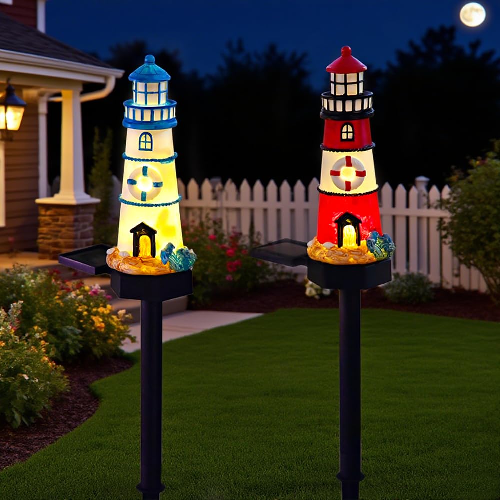 2 Packs Solar Powered Red and Blue Lighthouse Floor Lamps X53306