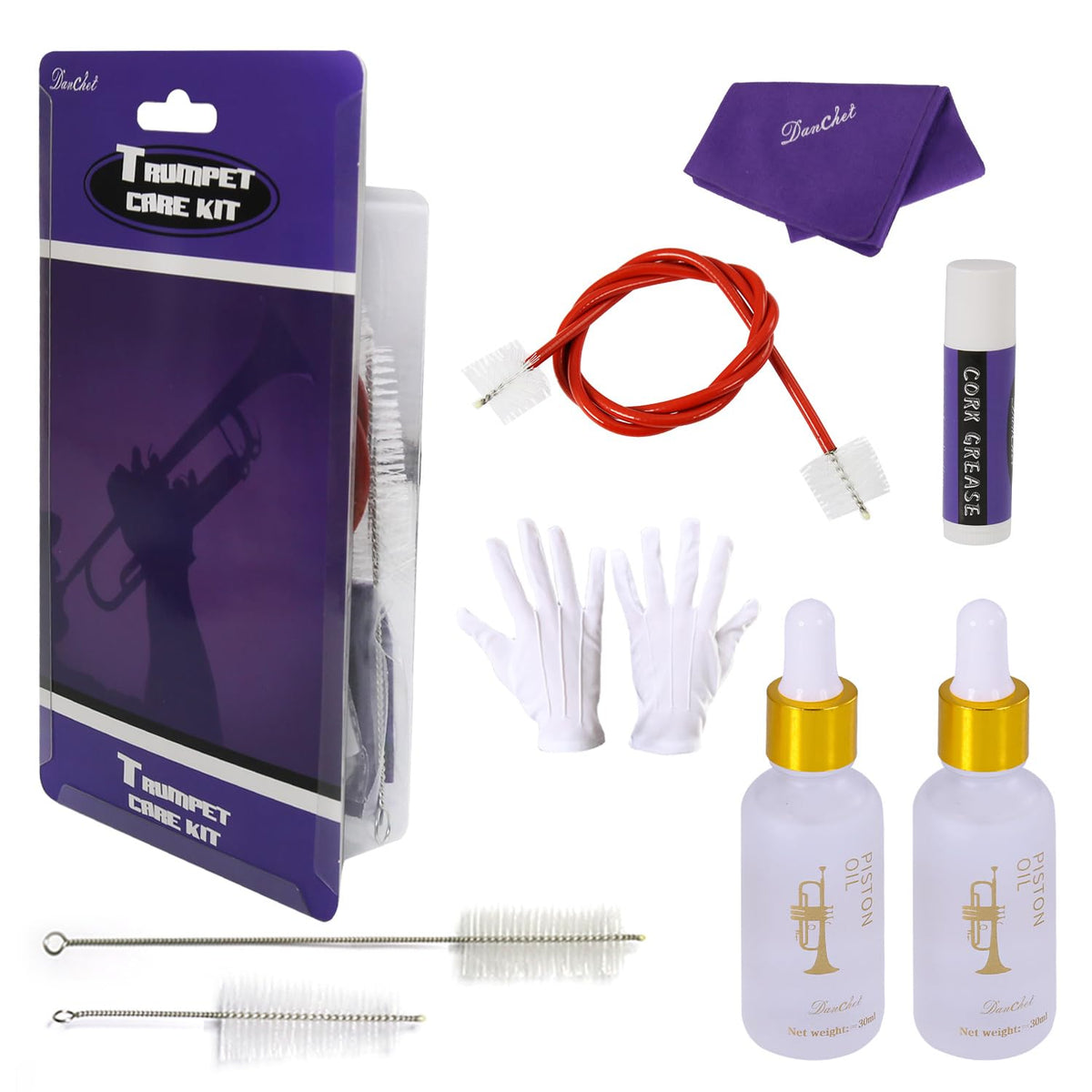 Trumpet Cleaning and Maintenance Kit with Valve Oil, Cork Grease, Cleaning Cloth, Mouthpiece, Cleaning Brush, Gloves C680