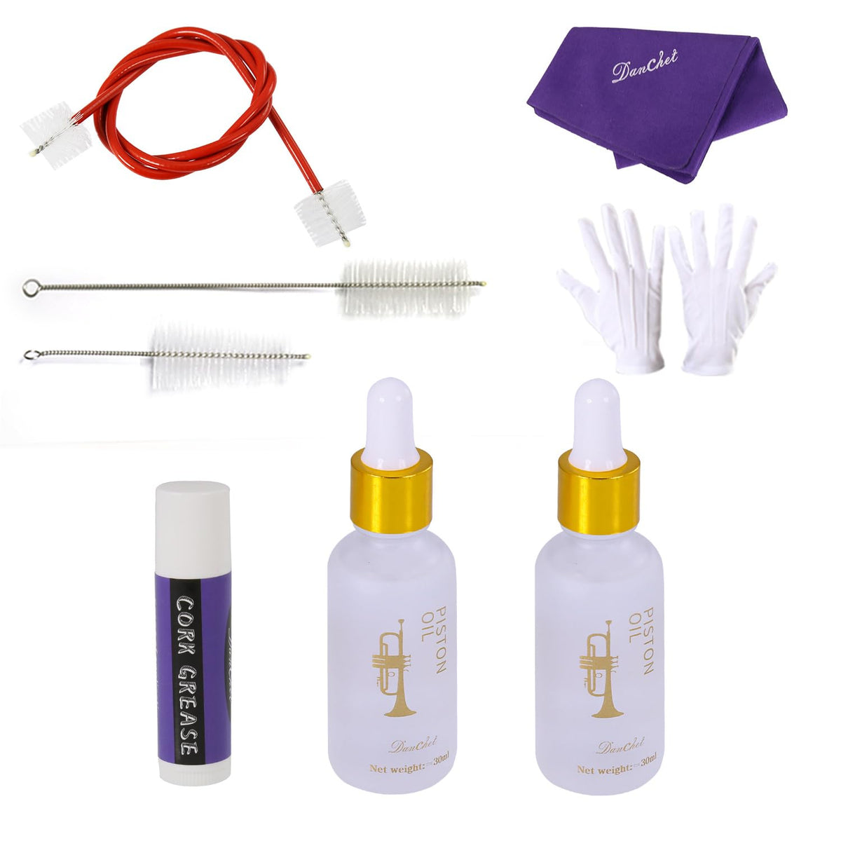 Trumpet Cleaning and Maintenance Kit with Valve Oil, Cork Grease, Cleaning Cloth, Mouthpiece, Cleaning Brush, Gloves C680