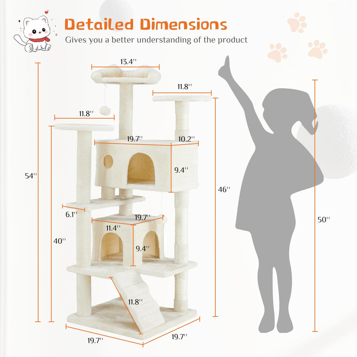 54-inch Cat Tree Tower with Scratching Posts G559039