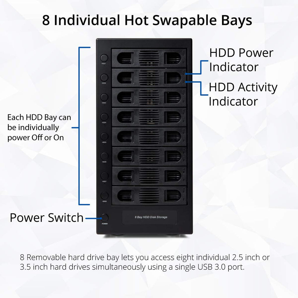 8 Bay Tool Less Hot Swap 2.5" 3.5" SATA USB 3.0 Enclosure F9649
