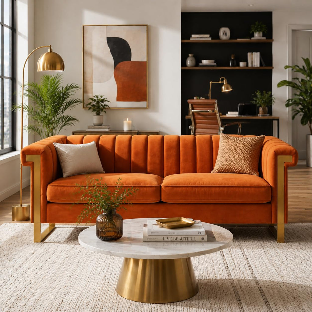 Orange Velvet Channel Tufted Sofa with Gold Metal Legs Z267