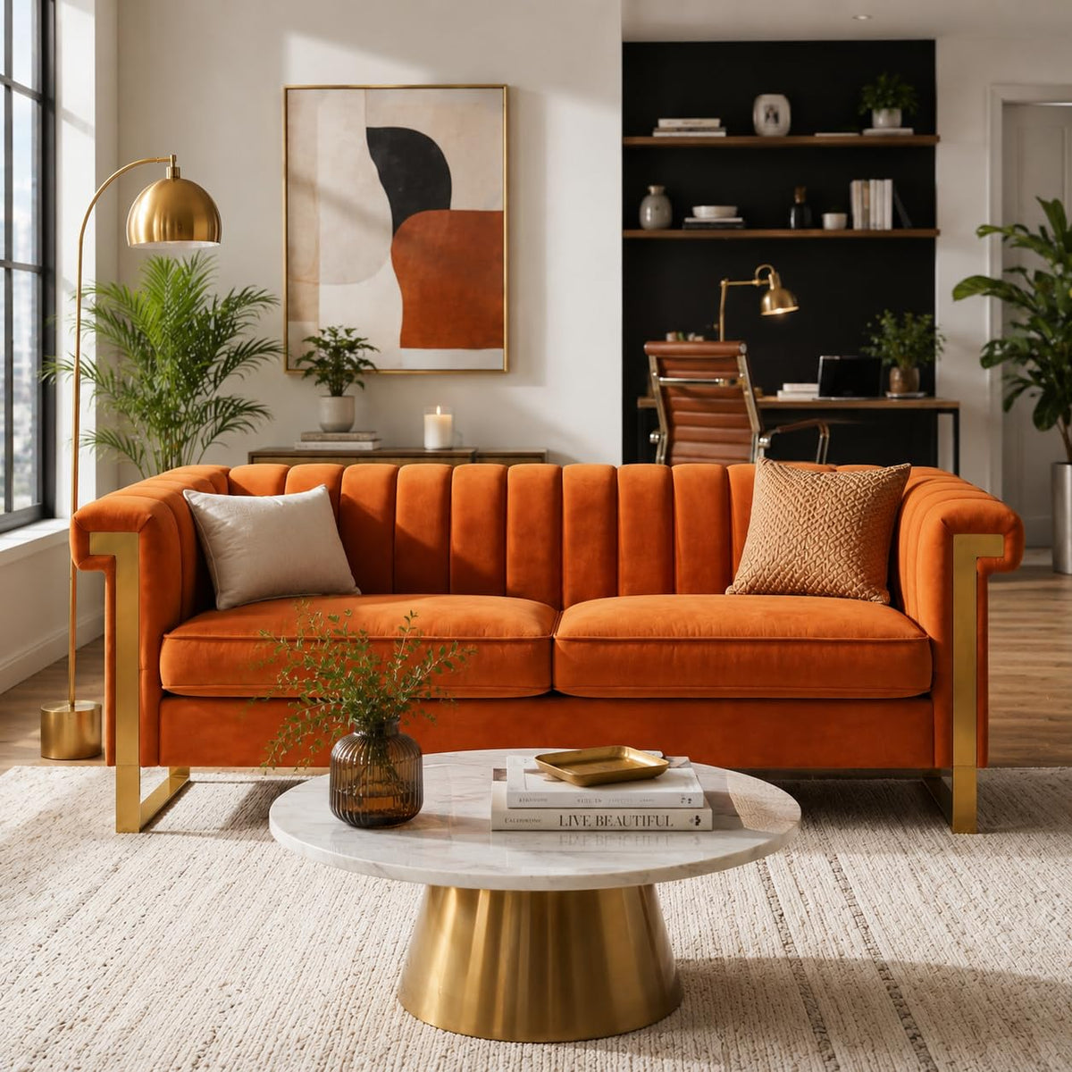 Orange Velvet Channel Tufted Sofa with Gold Metal Legs Z267