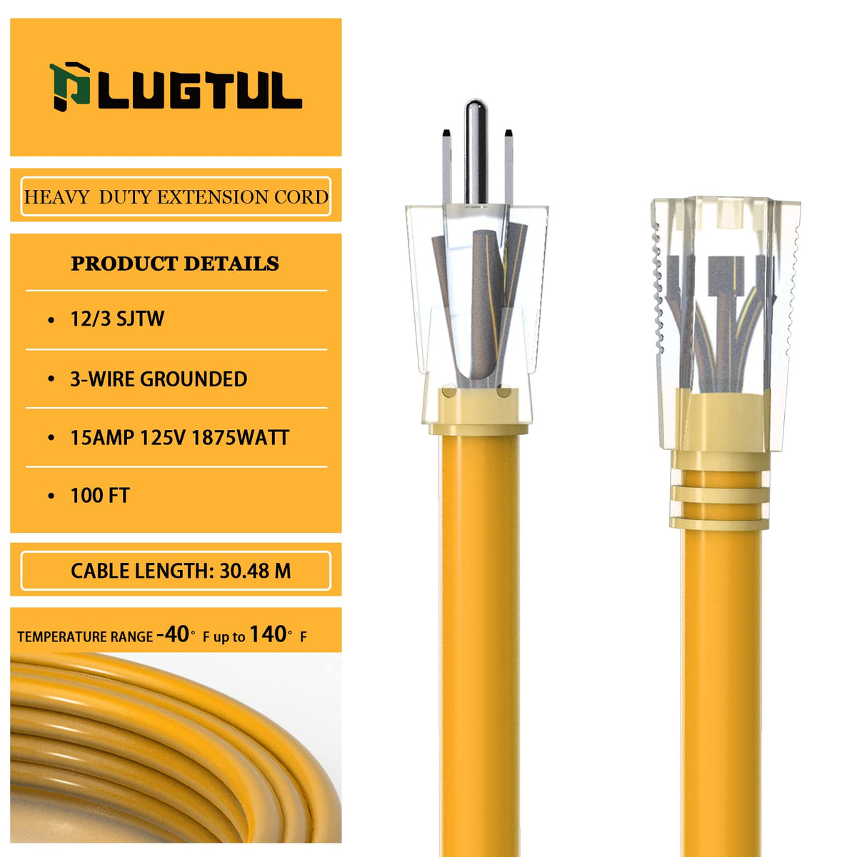 12 Gauge 100 Ft Heavy Duty Outdoor Extension Cord Waterproof Lighted End SJTW 3 Prong Grounded Plug 15A 1875W Yellow D8803