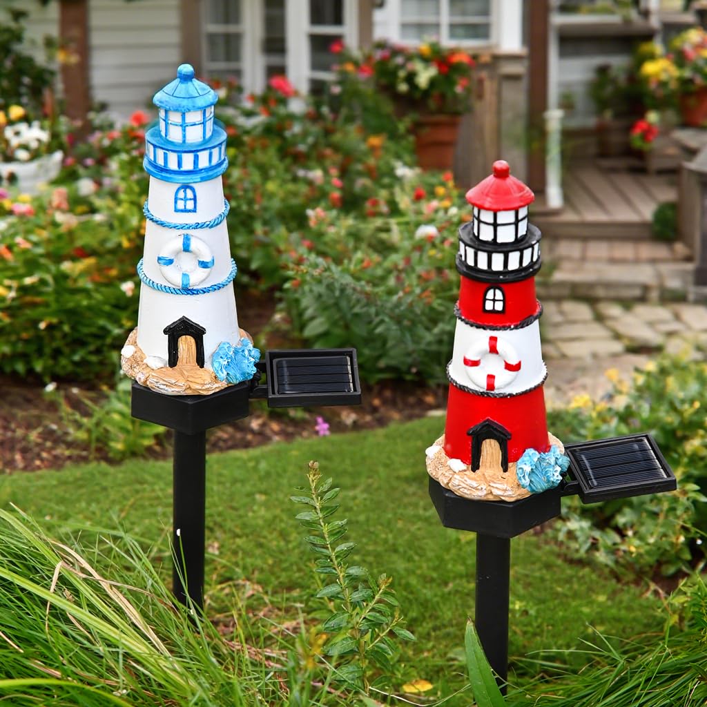2 Packs Solar Powered Red and Blue Lighthouse Floor Lamps X53306