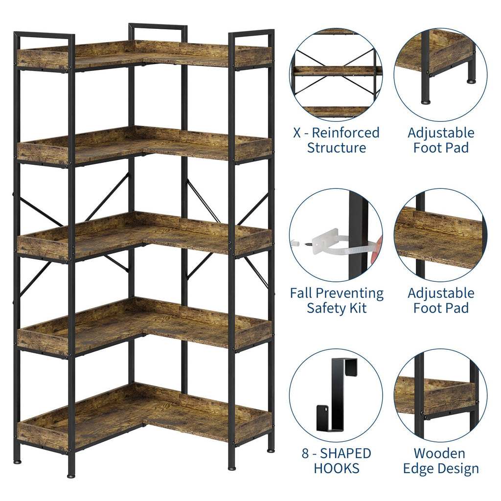 L-Shaped Corner Bookshelf 5 Tier Industrial Bookcase with 4 Hooks H456010