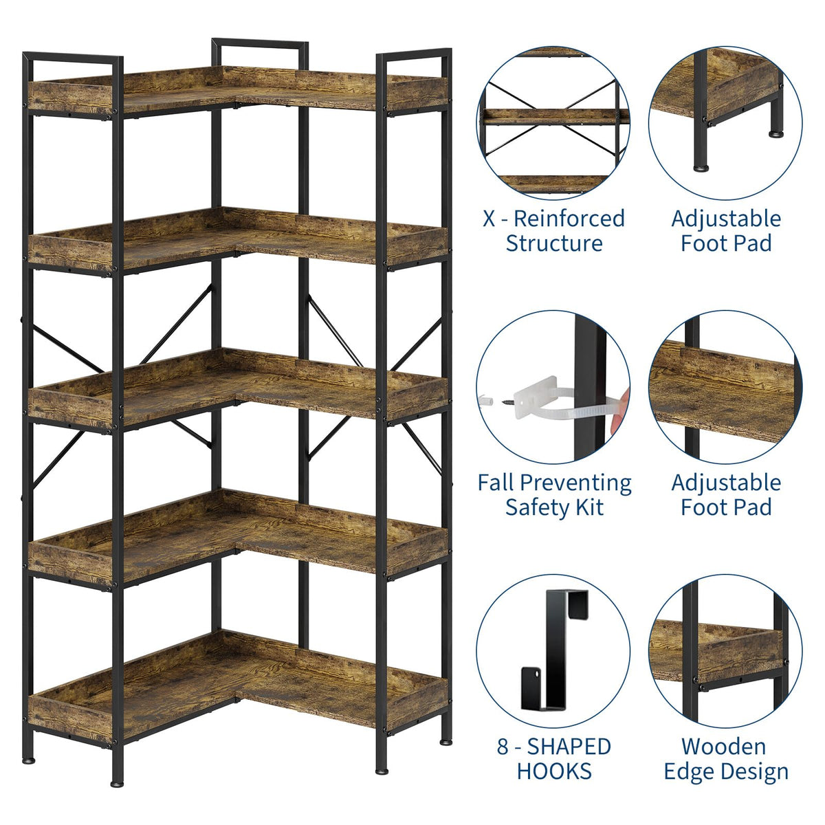L-Shaped Corner Bookshelf 5 Tier Industrial Bookcase with 4 Hooks H456010