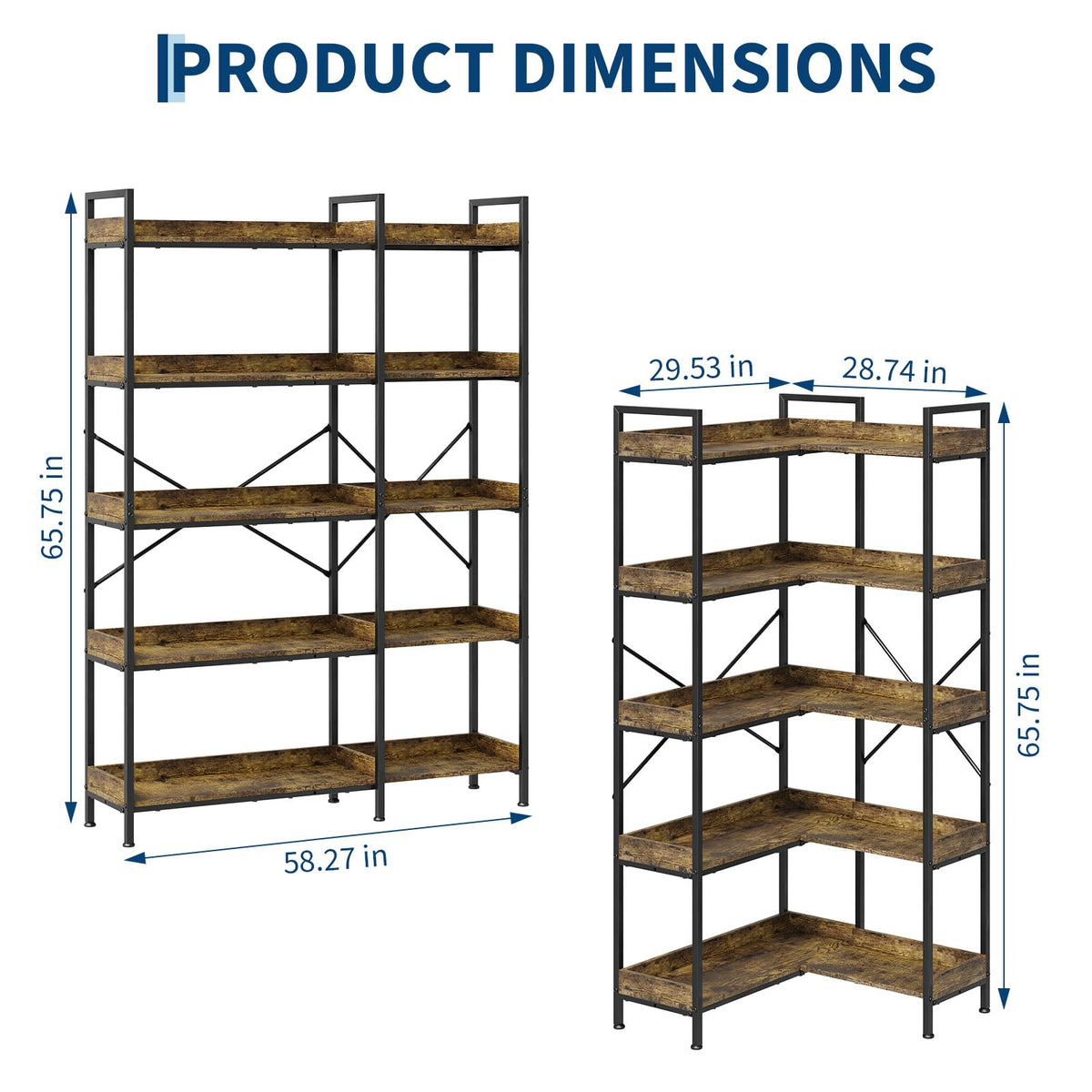 L-Shaped Corner Bookshelf 5 Tier Industrial Bookcase with 4 Hooks H456010