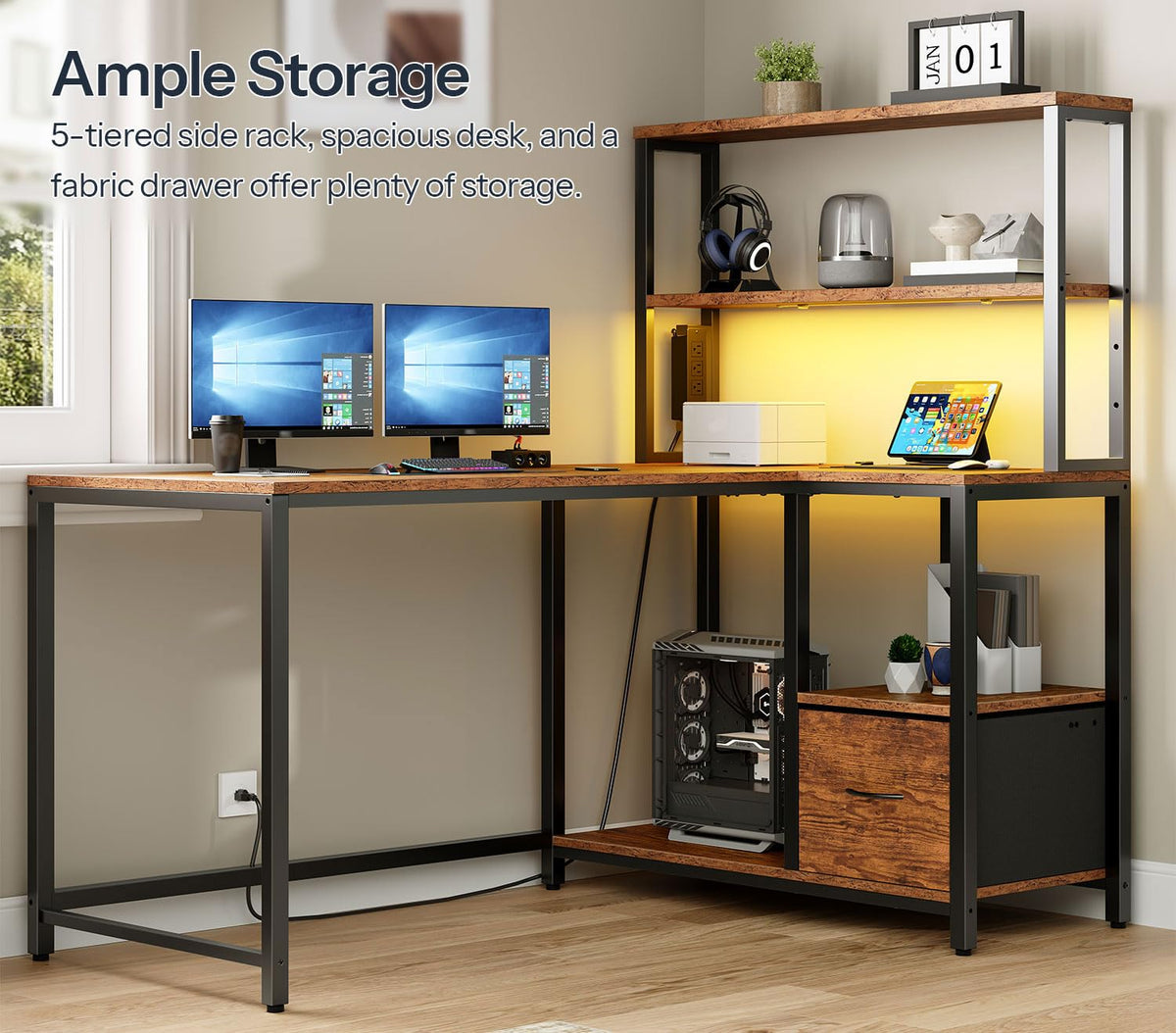 46 Inch Reversible Computer Desk with LED Light & Power Outlet N9719