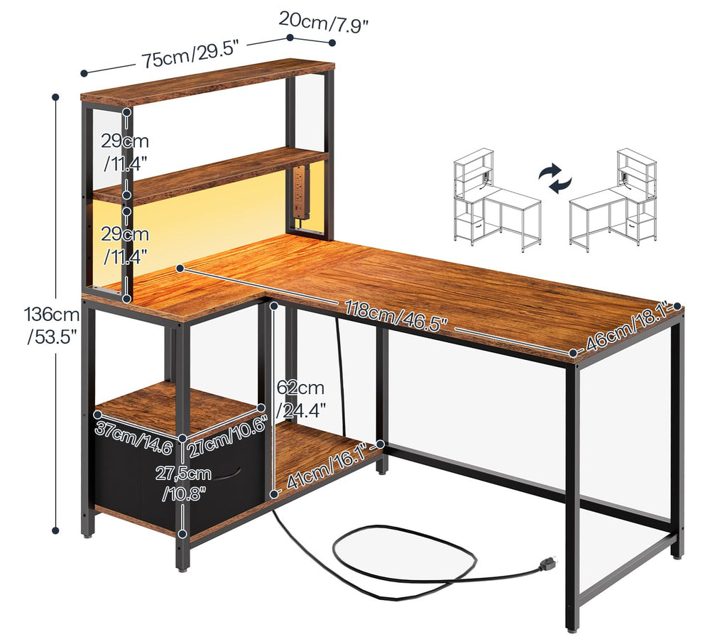 46 Inch Reversible Computer Desk with LED Light & Power Outlet N9719