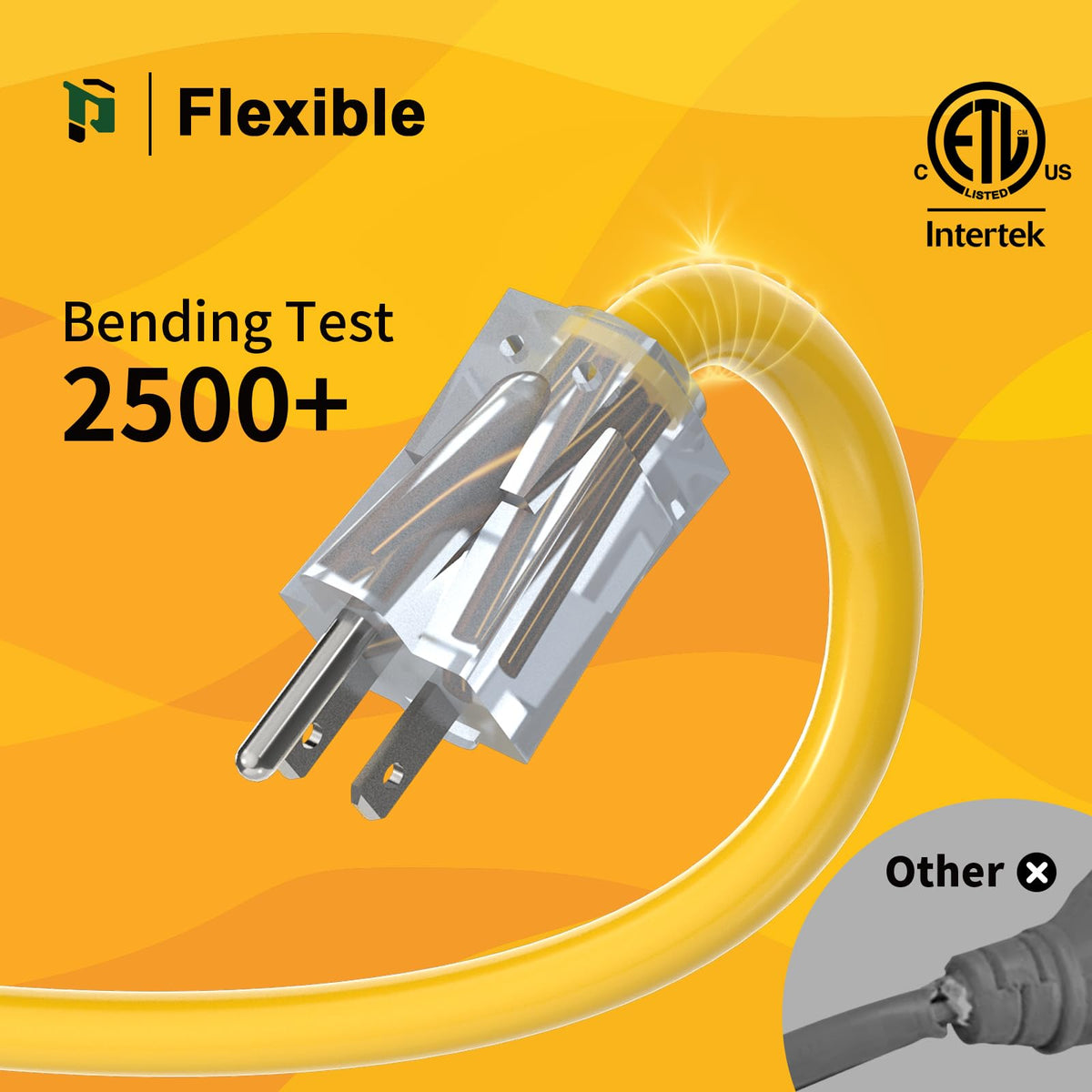12 Gauge 100 Ft Heavy Duty Outdoor Extension Cord Waterproof Lighted End SJTW 3 Prong Grounded Plug 15A 1875W Yellow D8803
