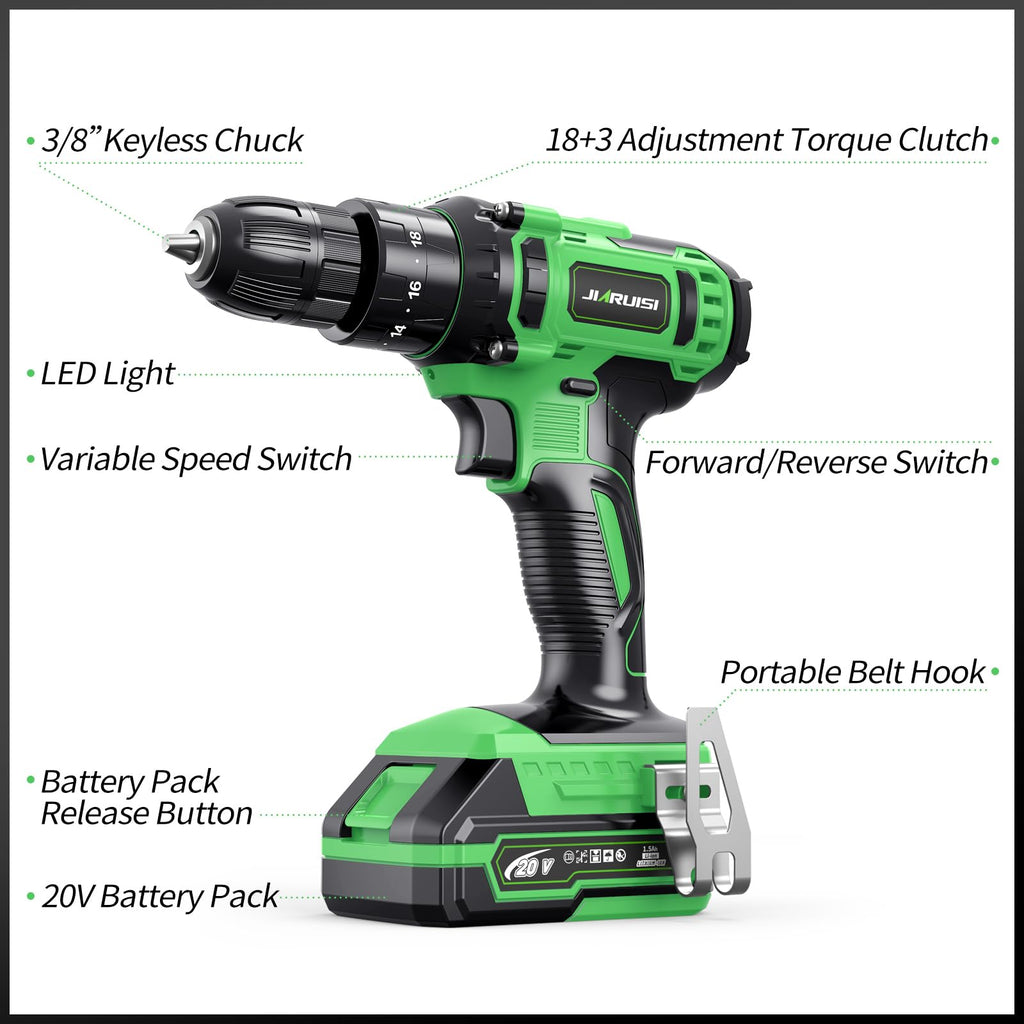 20V Cordless Drill Set with Battery Charger and Carrying Case, Green E1055