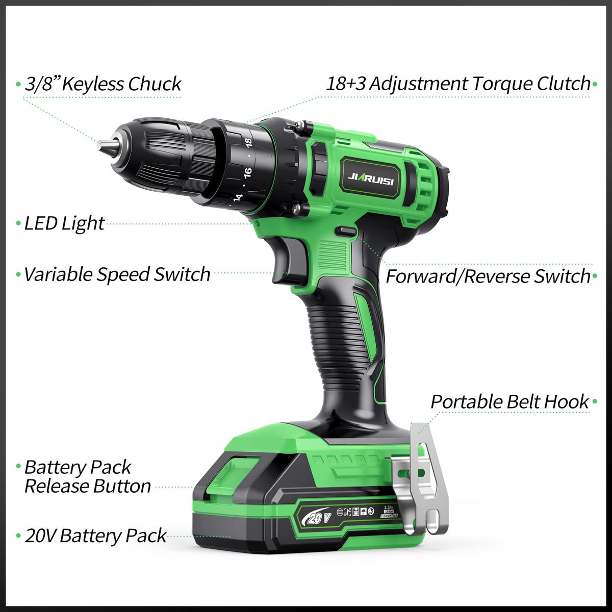 20V Cordless Drill Set with Battery Charger and Carrying Case, Green E1055