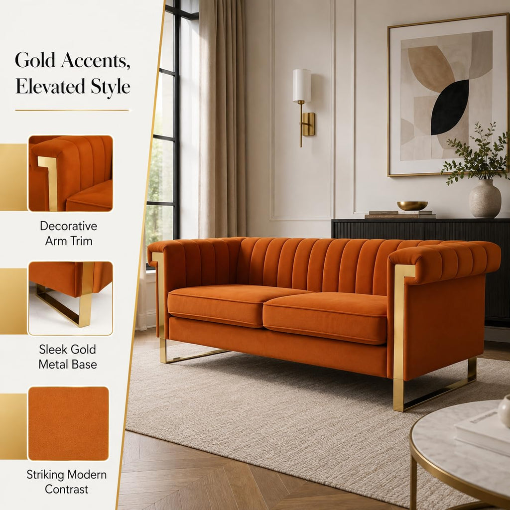 Orange Velvet Channel Tufted Sofa with Gold Metal Legs Z267