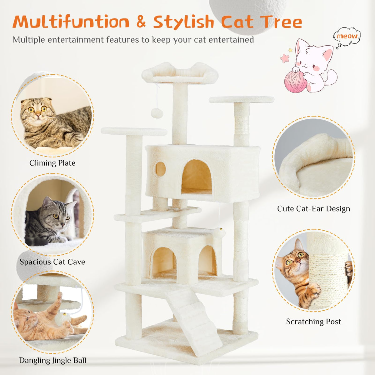 54-inch Cat Tree Tower with Scratching Posts G559039