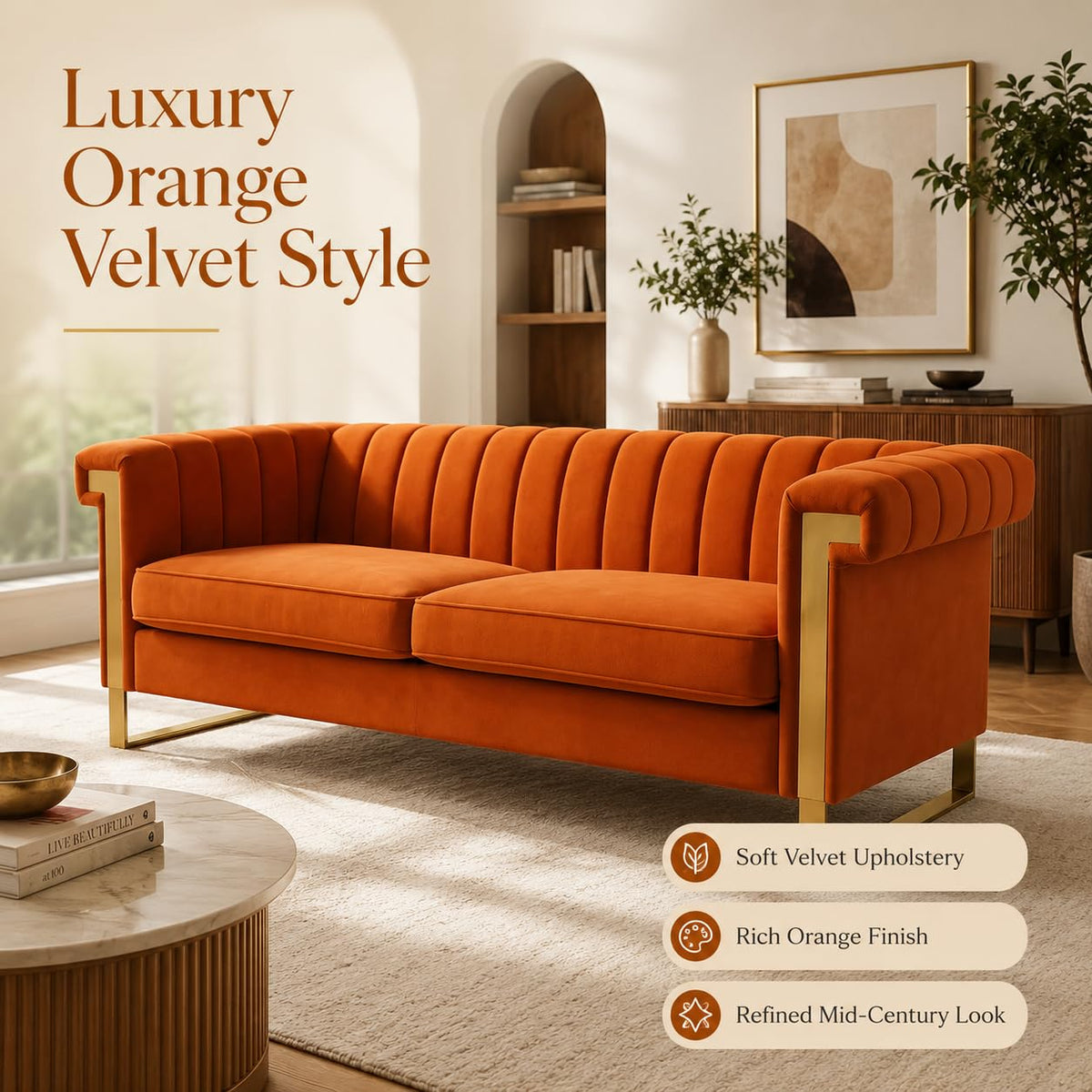 Orange Velvet Channel Tufted Sofa with Gold Metal Legs Z267