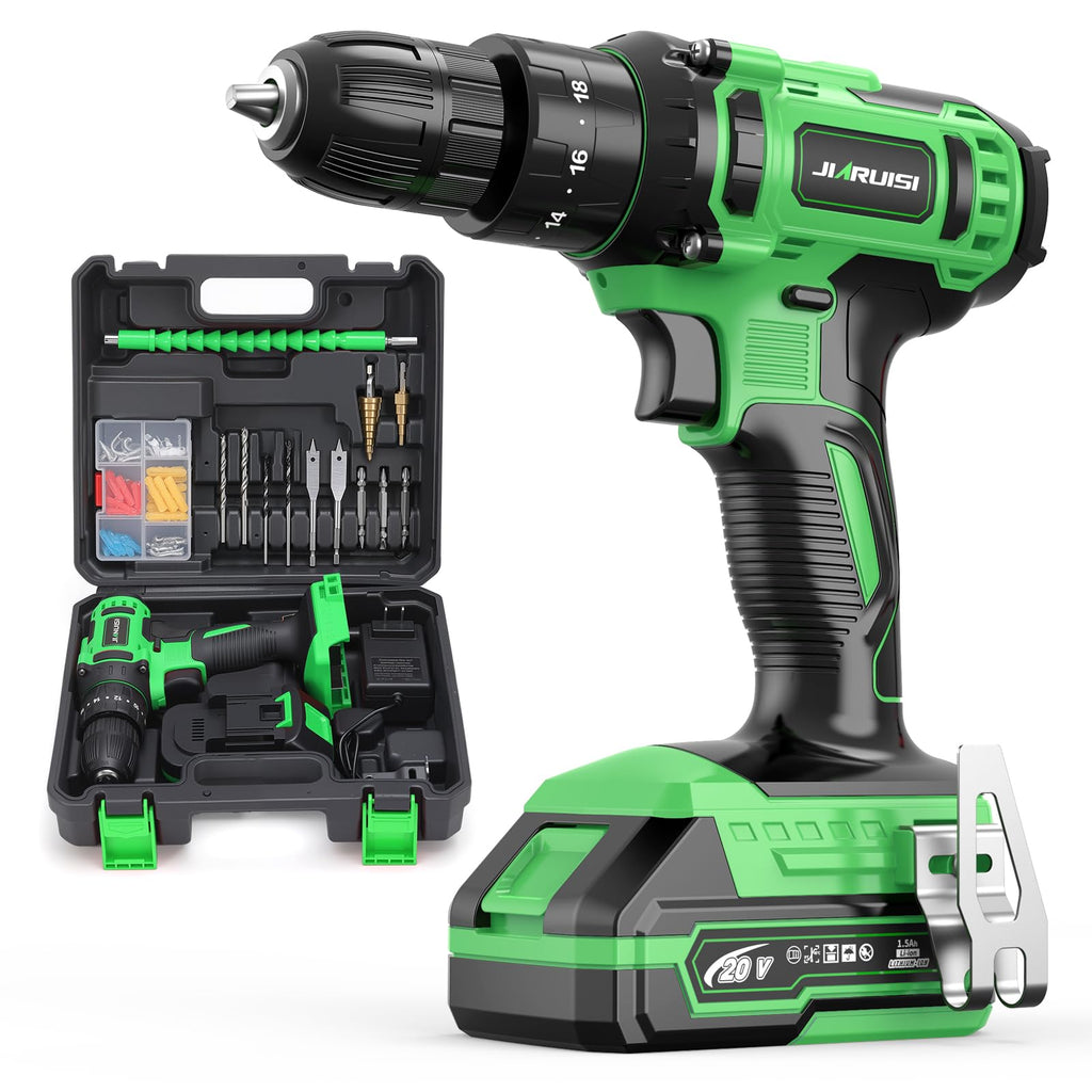 20V Cordless Drill Set with Battery Charger and Carrying Case, Green E1055