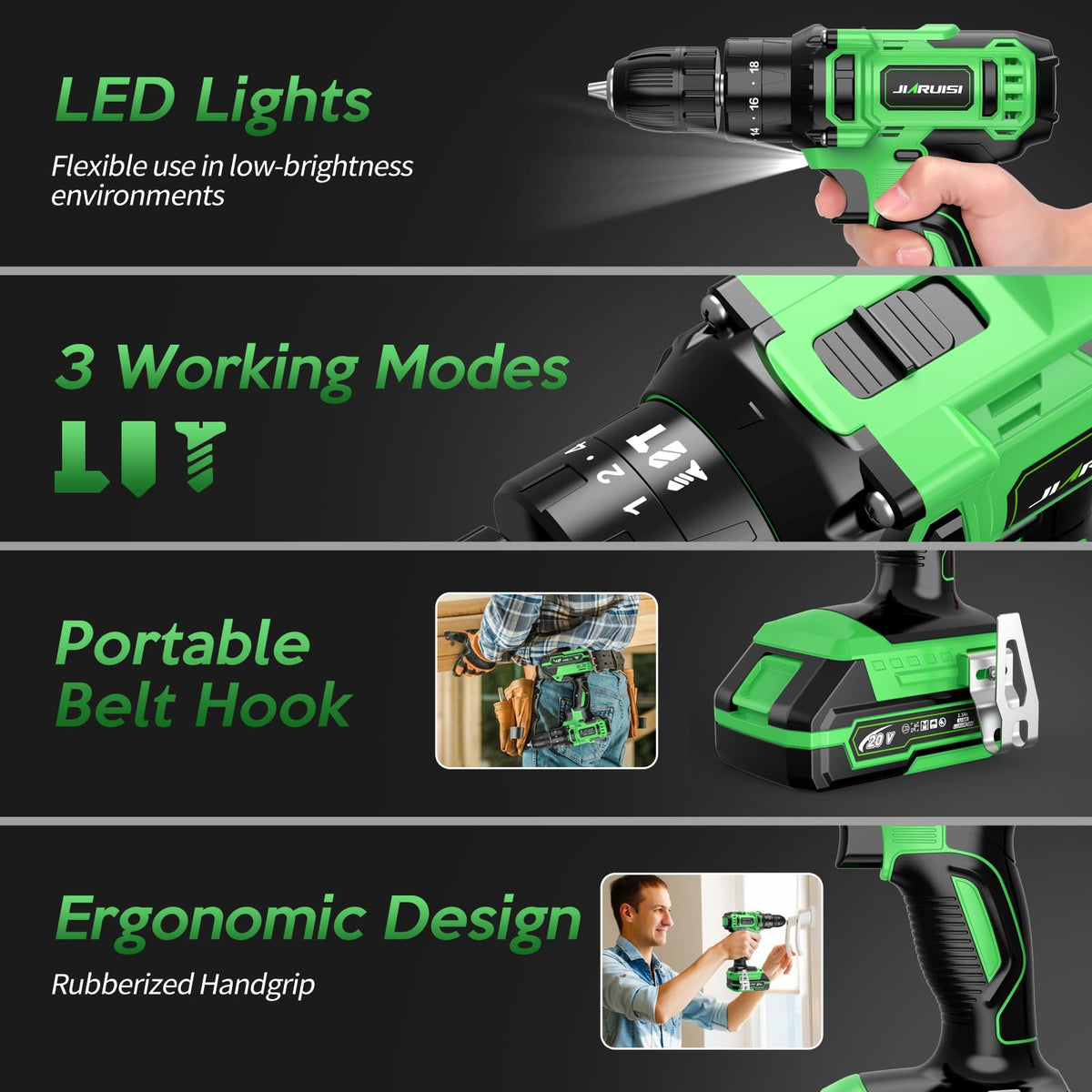 20V Cordless Drill Set with Battery Charger and Carrying Case, Green E1055
