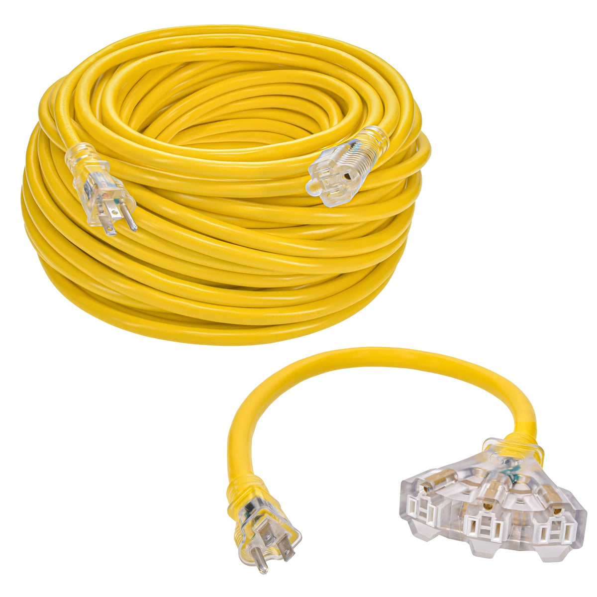150ft 12/3 SJTW Yellow Outdoor Extension Cord with 3-Outlet Adapter M148