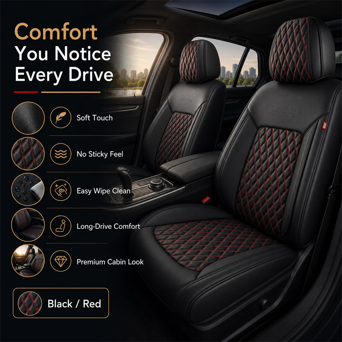 Black and Red Thick Nappa Leather Car Seat Covers Set of 2 N128069