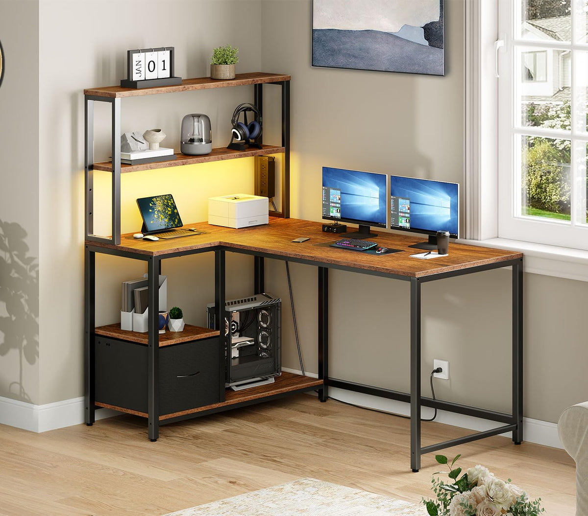 46 Inch Reversible Computer Desk with LED Light & Power Outlet N9719