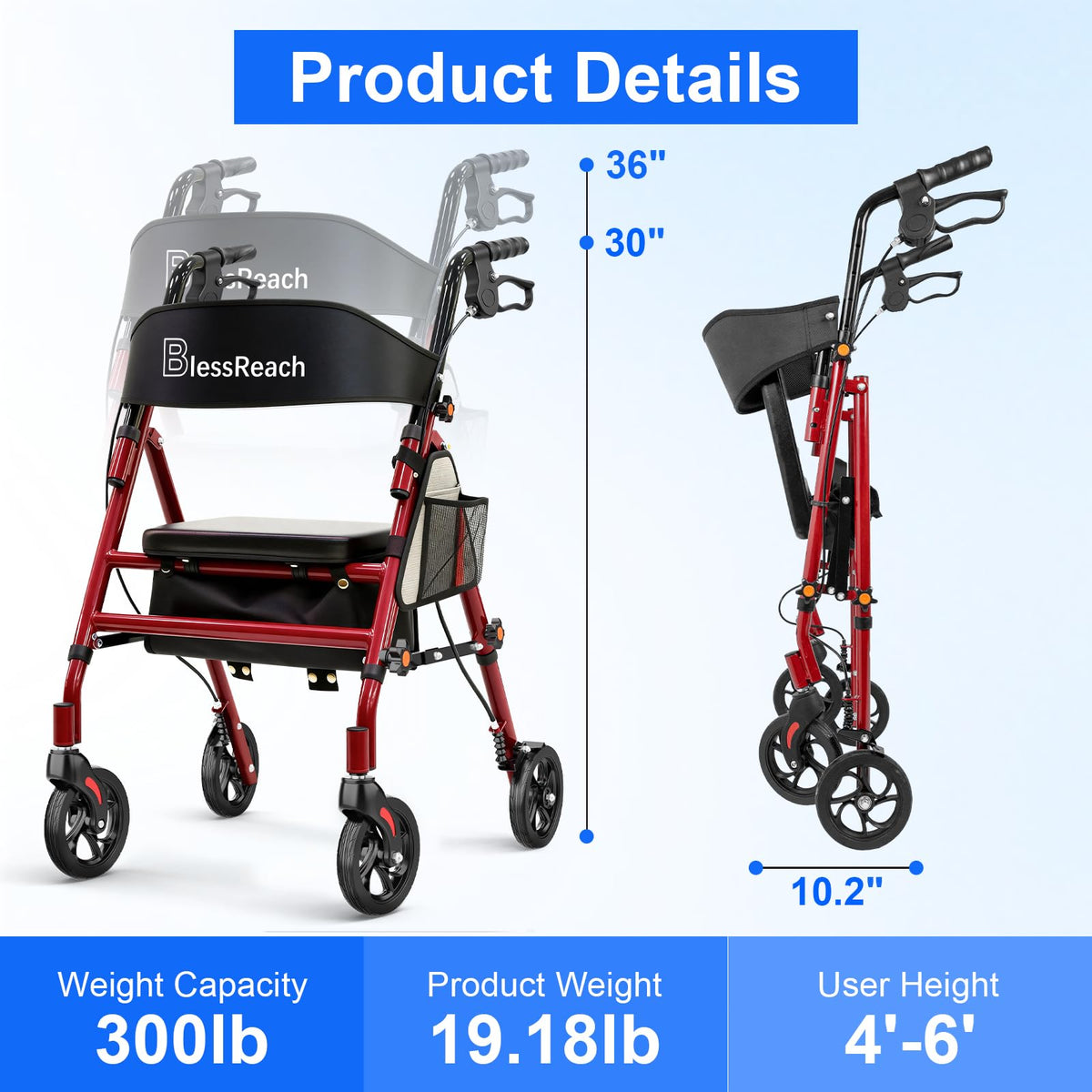 Lightweight Foldable Rollator Walker with Seat X97253