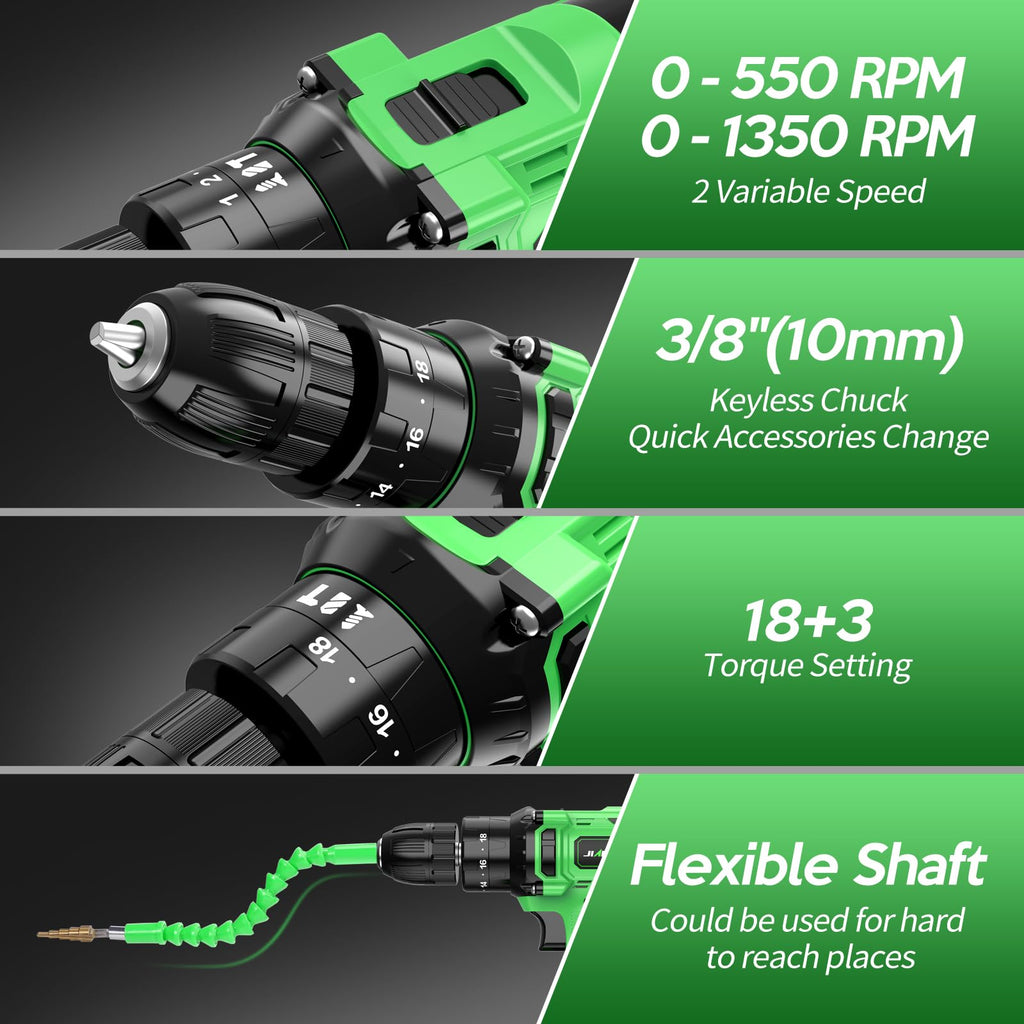 20V Cordless Drill Set with Battery Charger and Carrying Case, Green E1055