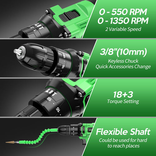 20V Cordless Drill Set with Battery Charger and Carrying Case, Green E1055