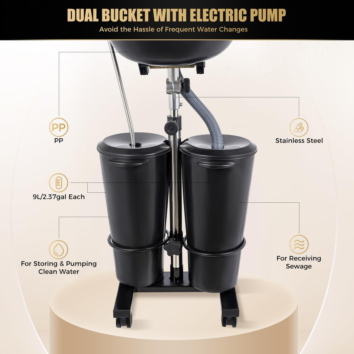 Portable Shampoo Bowl with Electric Pump, 2 Water Buckets, Height Adjustable K151882