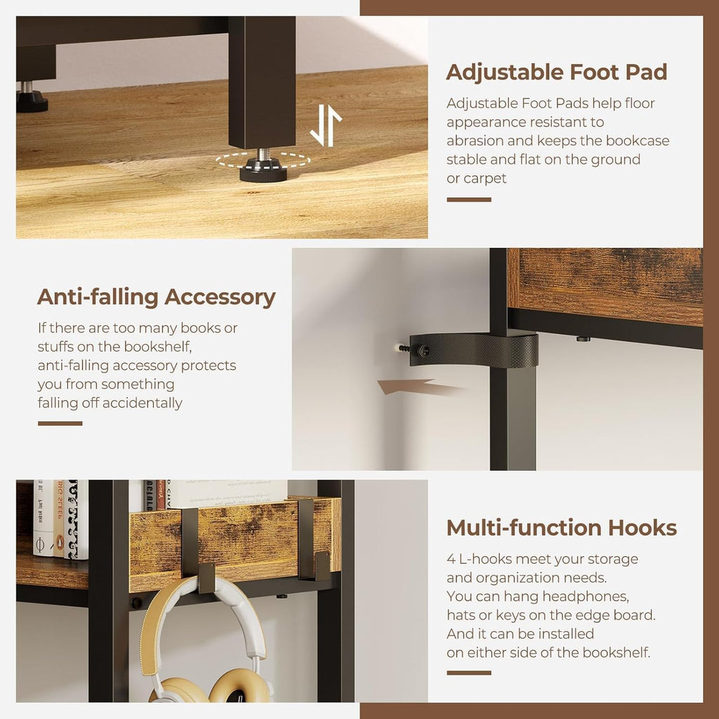L-Shaped Corner Bookshelf 5 Tier Industrial Bookcase with 4 Hooks H456010
