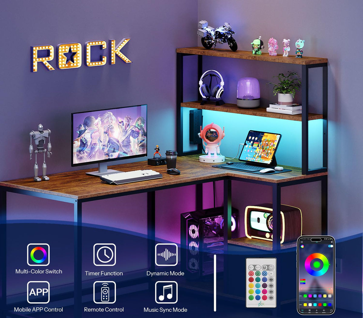 46 Inch Reversible Computer Desk with LED Light & Power Outlet N9719