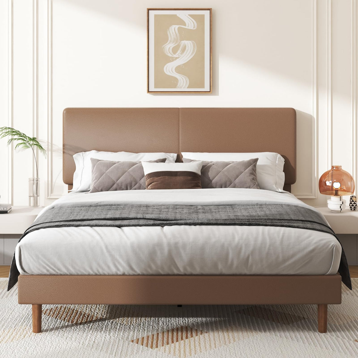Minimalist Leather Bed Frame with Adjustable Headboard H93898
