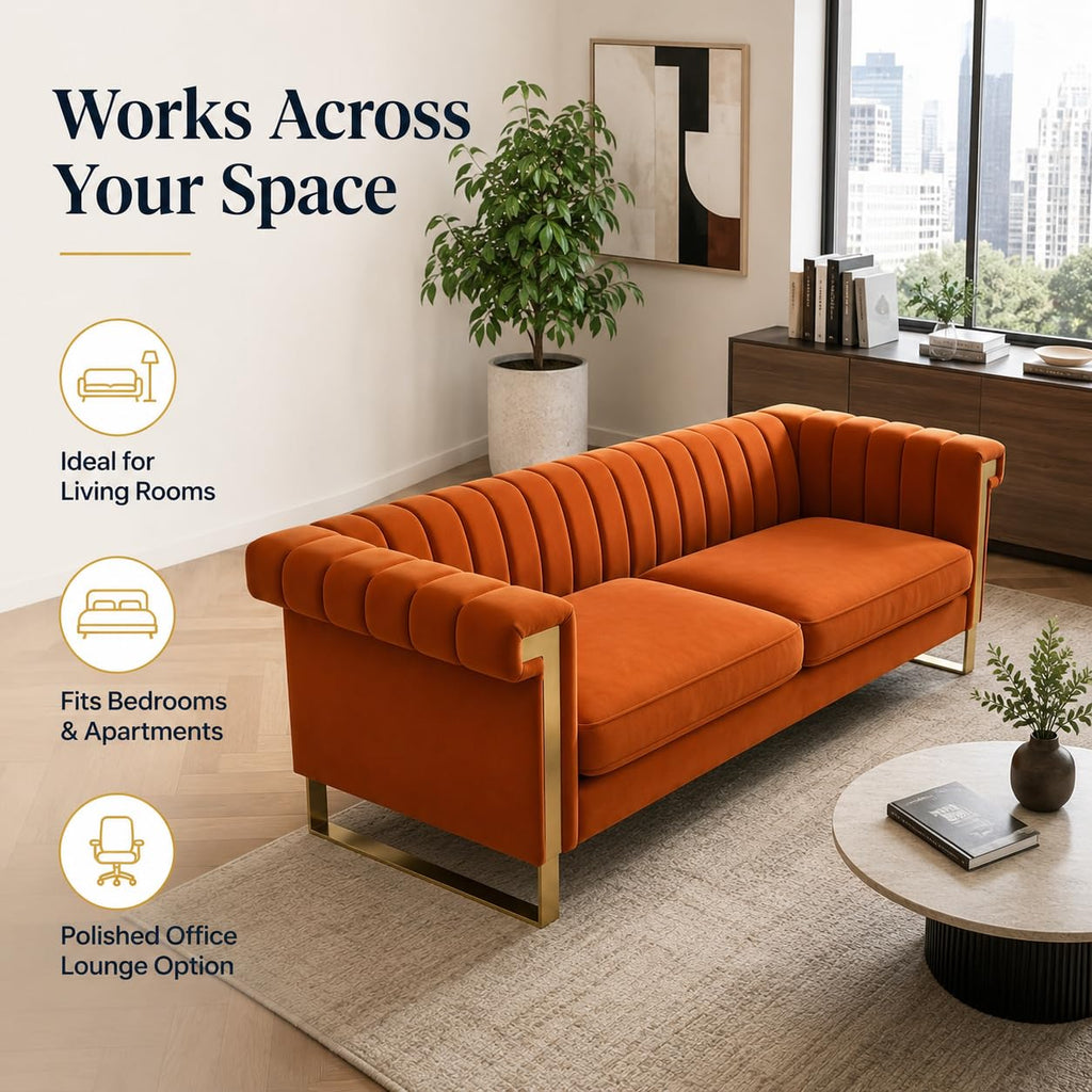 Orange Velvet Channel Tufted Sofa with Gold Metal Legs Z267
