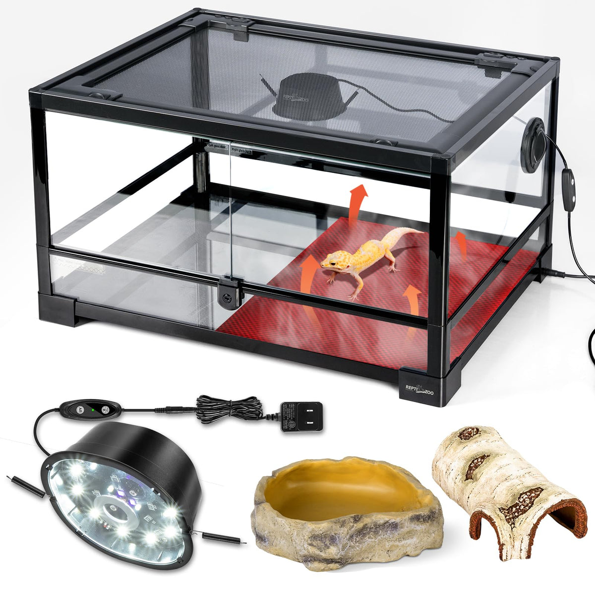 20 Gallon Reptile Terrarium Starter Kit with Heating System Thermostat UVB Light Hide Cave Feeding Dish Z78873