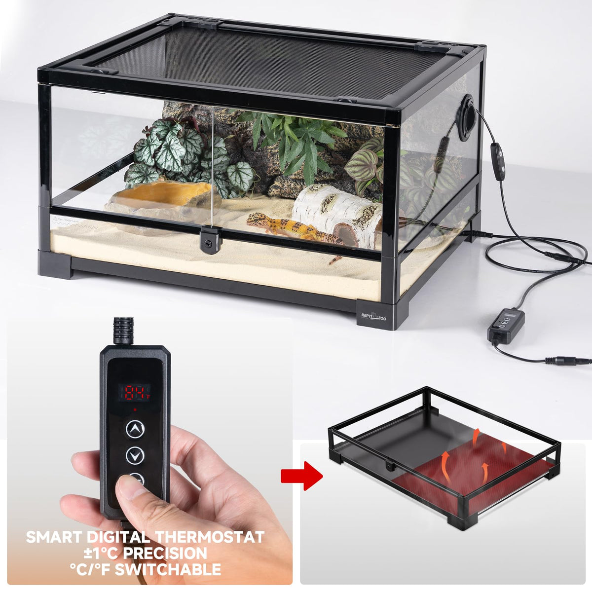 20 Gallon Reptile Terrarium Starter Kit with Heating System Thermostat UVB Light Hide Cave Feeding Dish Z78873