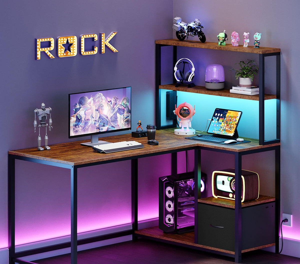 46 Inch Reversible Computer Desk with LED Light & Power Outlet N9719