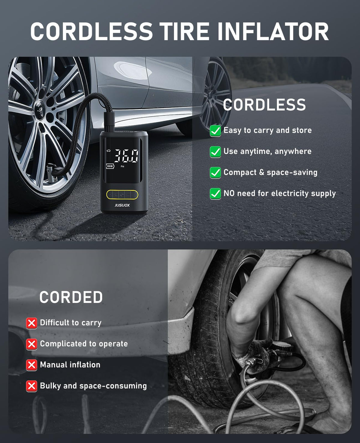 Tire Inflator Portable Air Compressor 150PSI Cordless Auto Off Q6017