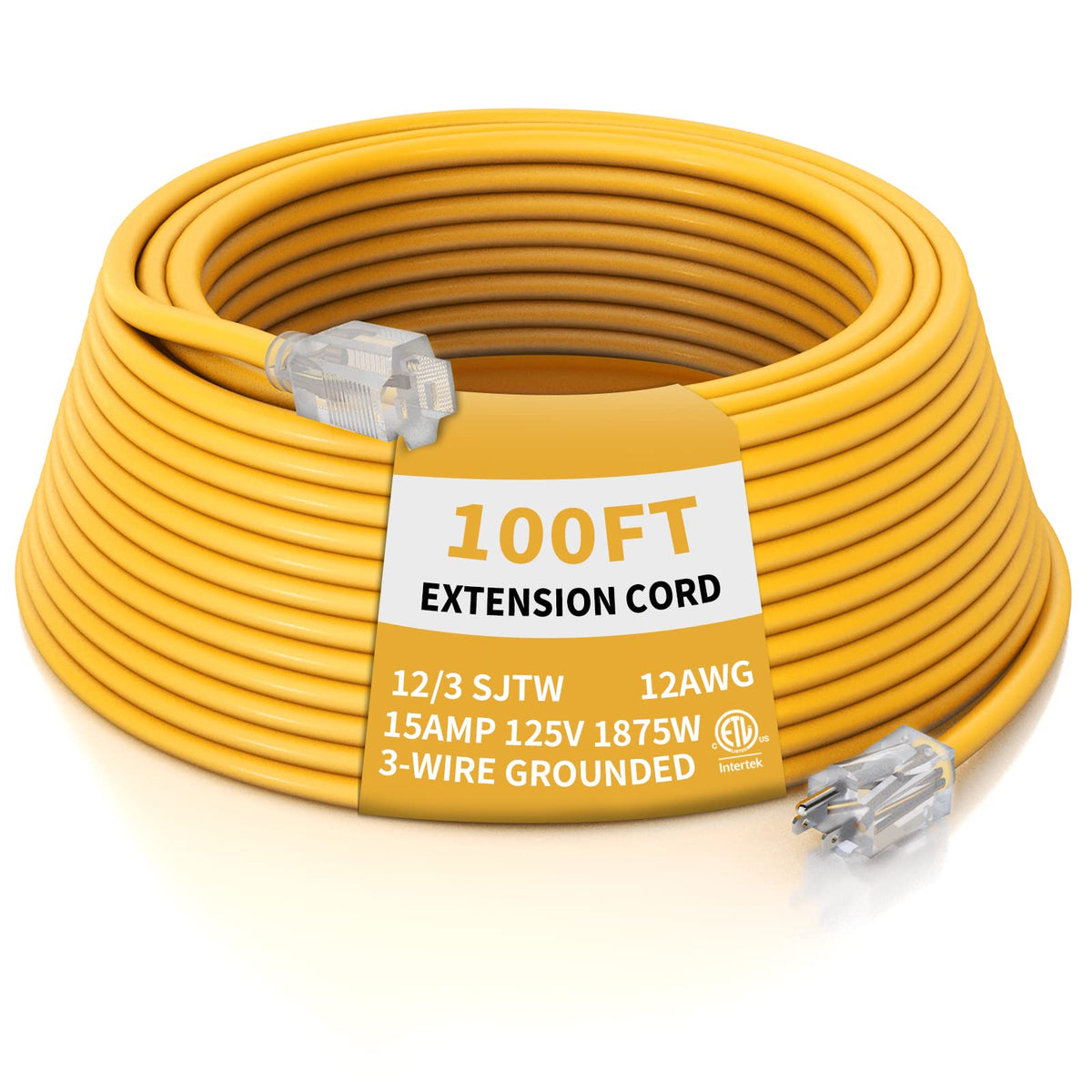 12 Gauge 100 Ft Heavy Duty Outdoor Extension Cord Waterproof Lighted End SJTW 3 Prong Grounded Plug 15A 1875W Yellow D8803