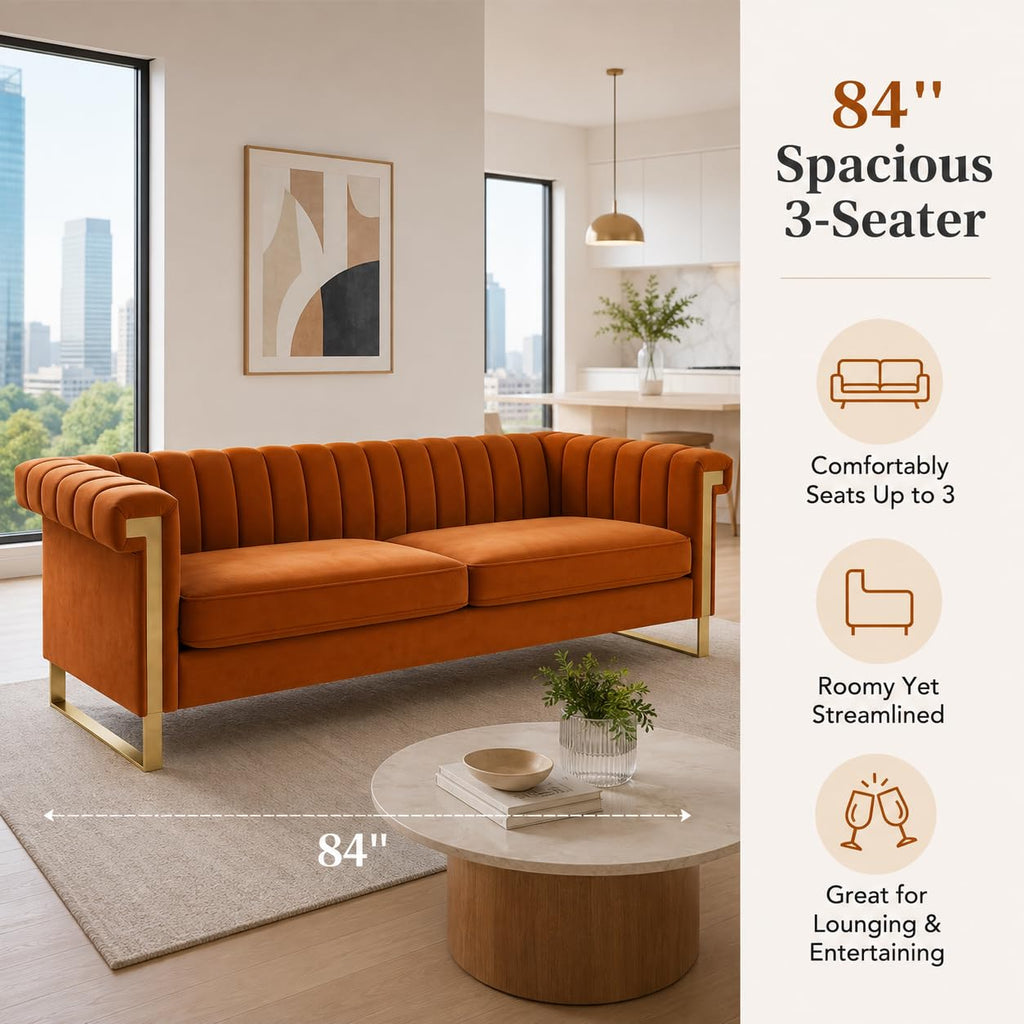 Orange Velvet Channel Tufted Sofa with Gold Metal Legs Z267
