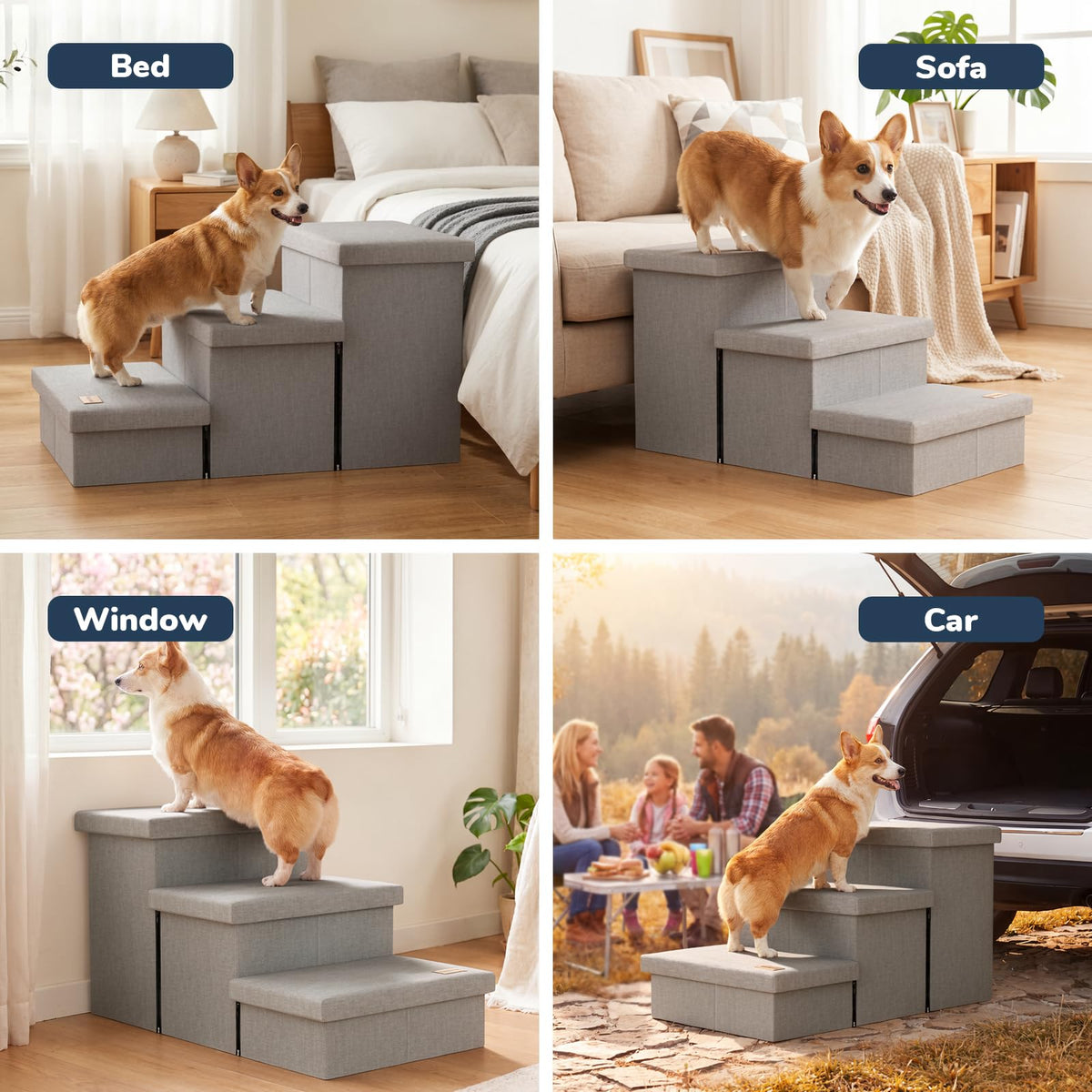 Light Grey Dog Stairs with Storage V3214