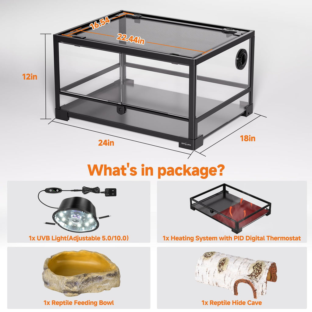 20 Gallon Reptile Terrarium Starter Kit with Heating System Thermostat UVB Light Hide Cave Feeding Dish Z78873