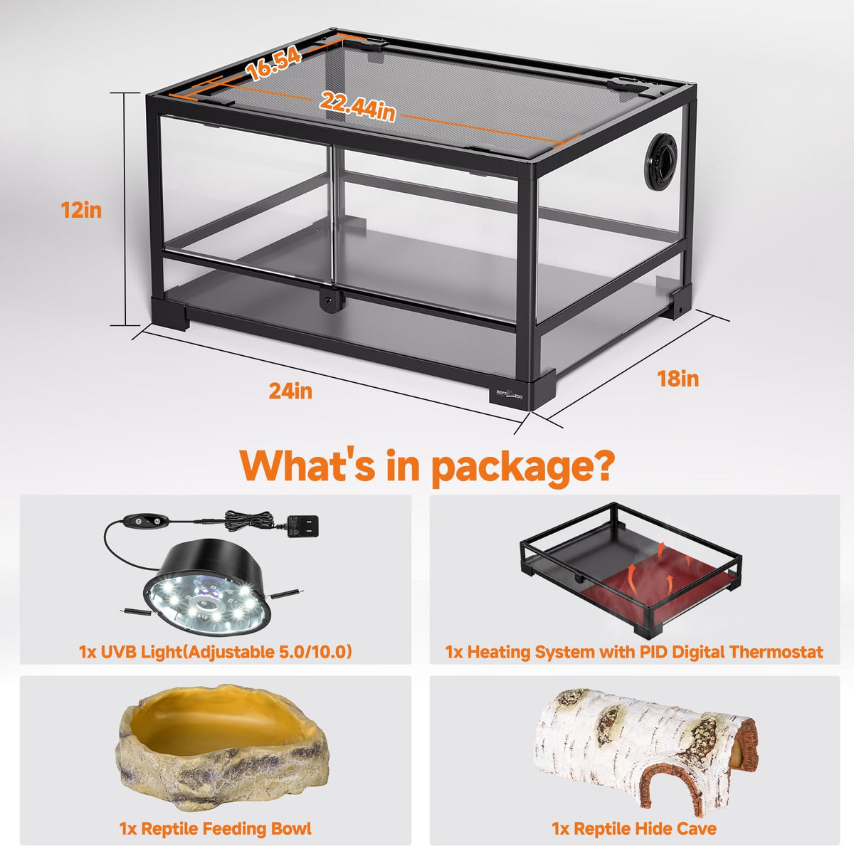 20 Gallon Reptile Terrarium Starter Kit with Heating System Thermostat UVB Light Hide Cave Feeding Dish Z78873